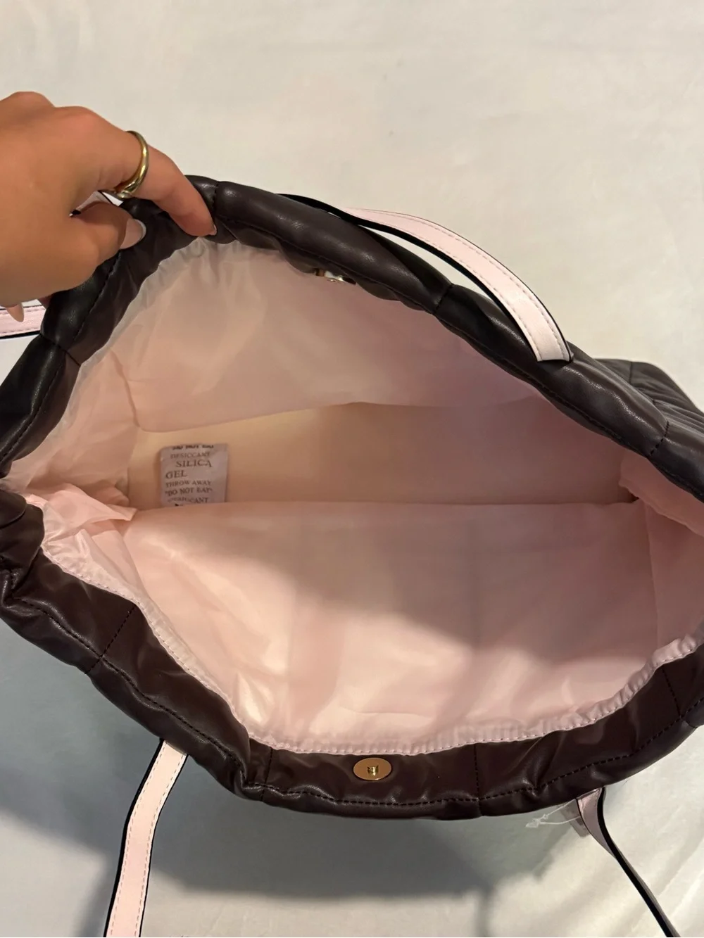 Victoria's Secret Quilted Chocolate Brown Tote with Pink-Trim Straps